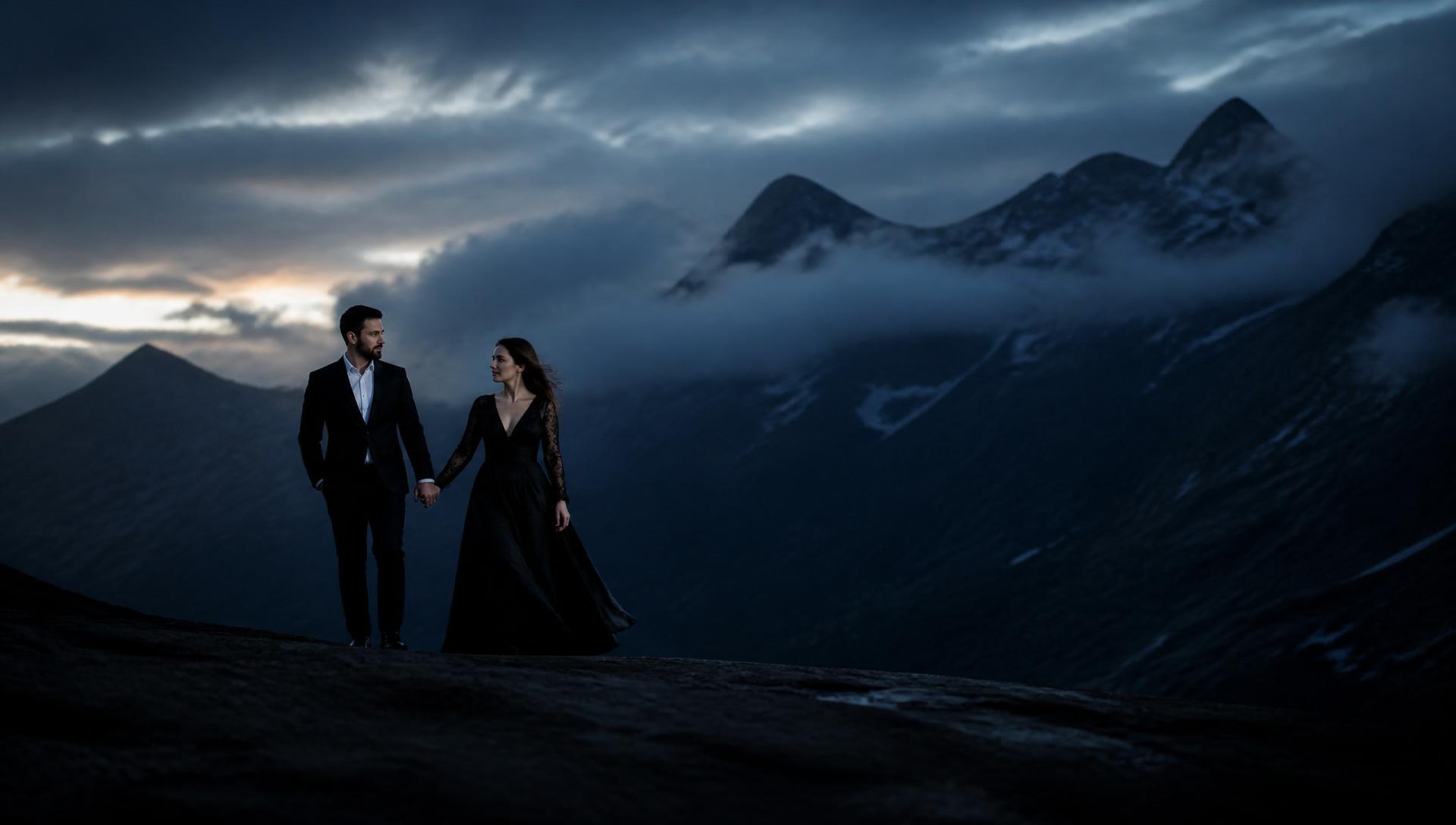 Pareja caminando en un paisaje de montaña al atardecer