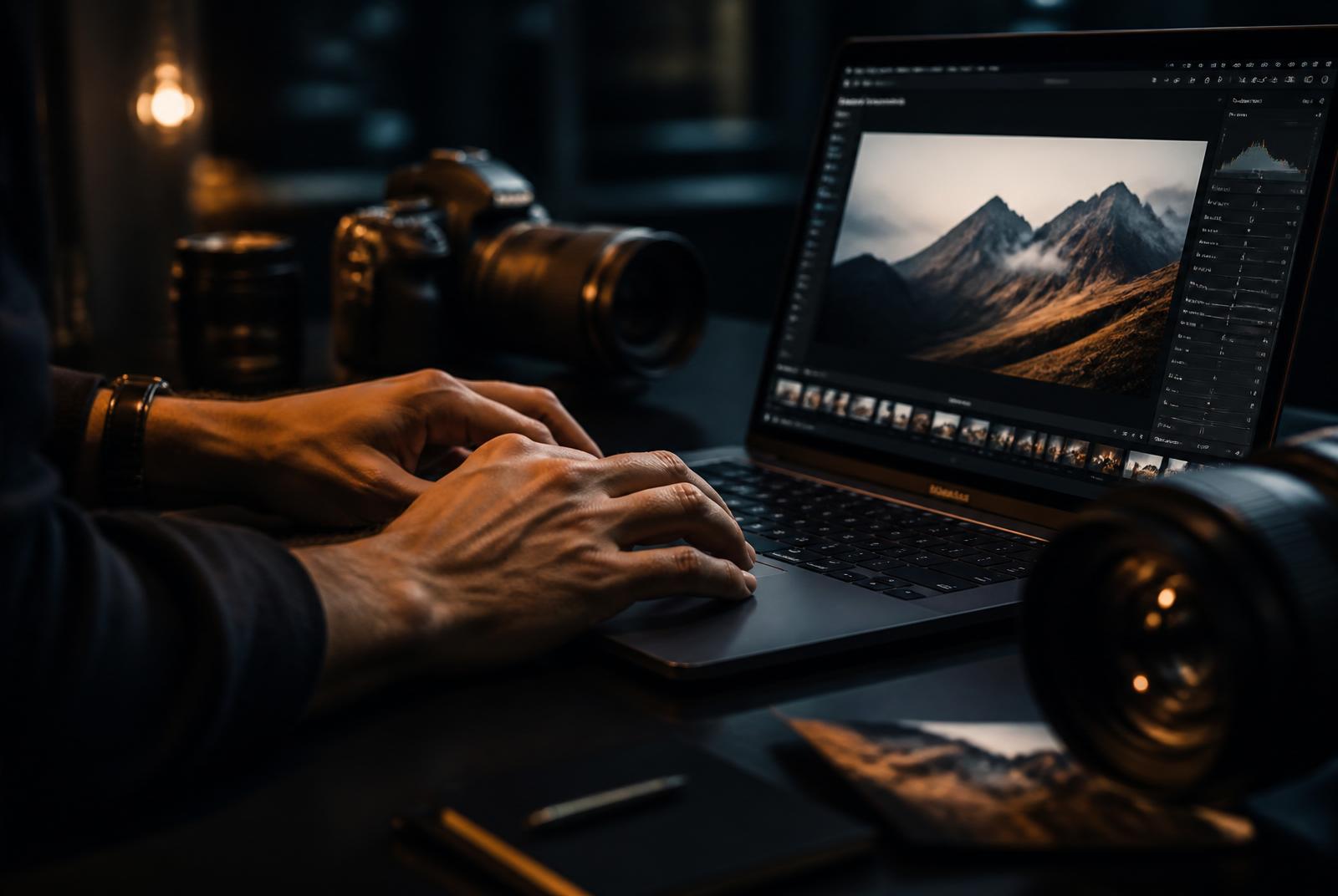 Fotógrafo revisando una galería de Lumora en su laptop